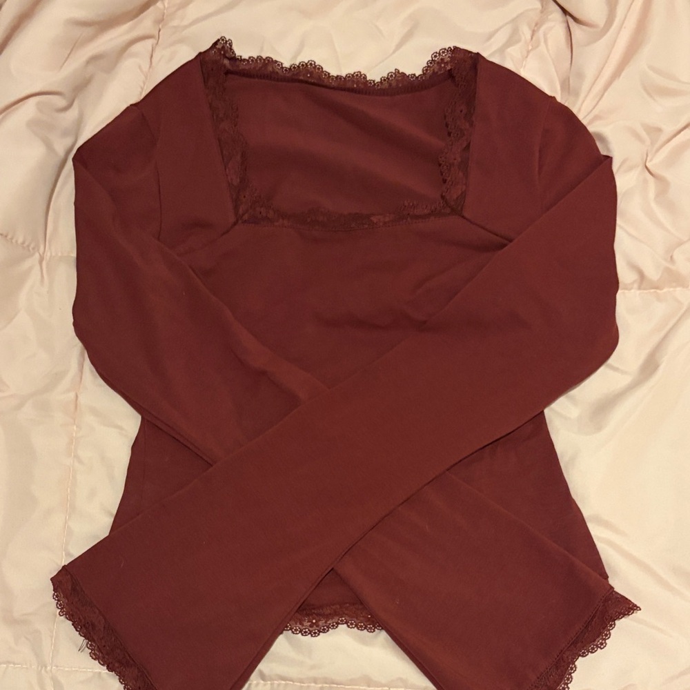 SHEIN Maroon Lace Trim Long Sleeve Top